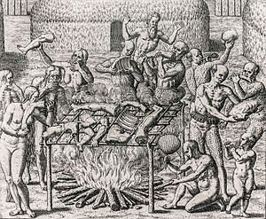 Kannibalisme in Brasilië - houtsneewerk deur Theodor de Bry wat Hans Staden se weergawe van sy ballingskap in 1557 uitbeeld.